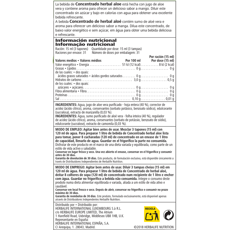 Concentrado de Herbal Aloé Manga 473 ml